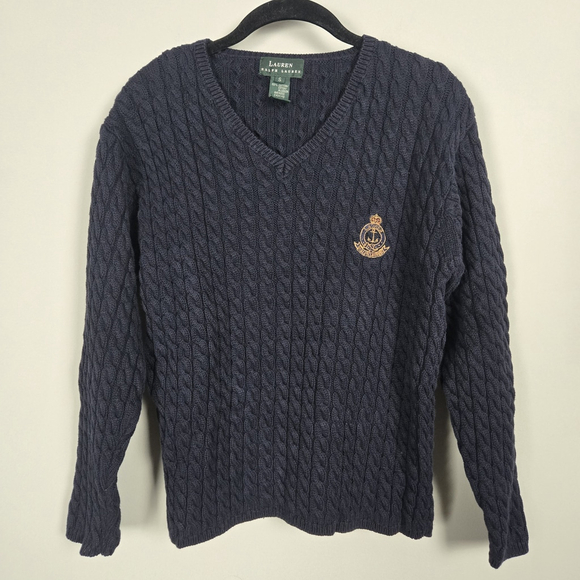 Lauren Ralph Lauren Sweaters - VTG Lauren Ralph Lauren Womens 90s Cable Knit Old Money Sweater Small Navy Crest